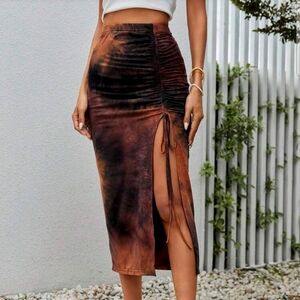 SHEIN Brown Tie-Dye Midi Skirt with Slit